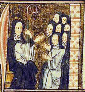 Miniatura medievale di Ildegarda di Bingen con le sue monache