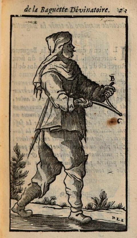 Radiestesista con bacchetta divinatoria biforcuta in un'incisione storica del XVII secolo