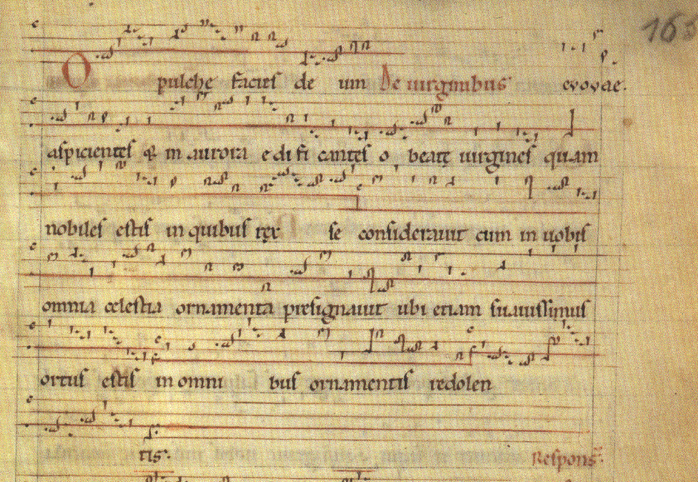 Pagina di manoscritto medievale con l'antifona O pulchre facies di Ildegarda in notazione neumatica